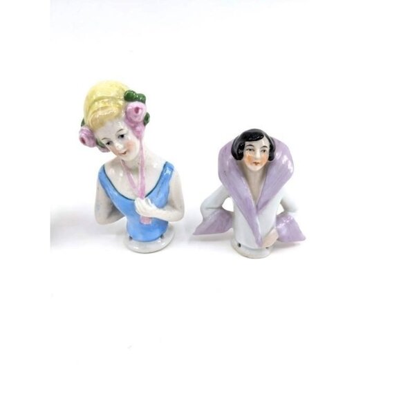 VTG Lot Of 6 Porcelain Half Dolls, 2 Attached To Hand Brooms, Beautiful Figures! - Picture 2 of 8